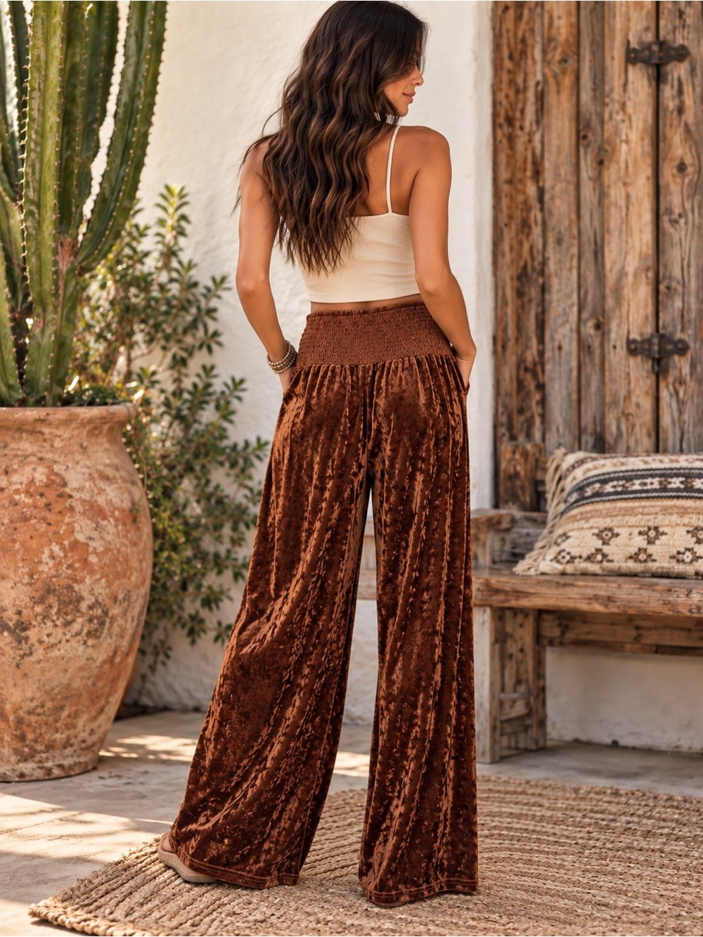 CUPSHE Brown Crushed Velvet Smocked Waist Wide Leg Palazzo Pants - Picture 2 of 5